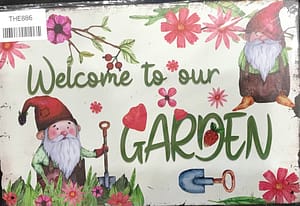 Fém Retro tábla “Welkome to our Garden” törpés