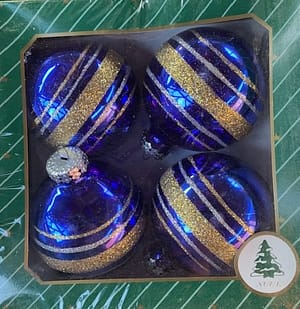 Karácsonyfadísz kék fényes 4 db-os, 8 cm-es körbe csíkos mintás