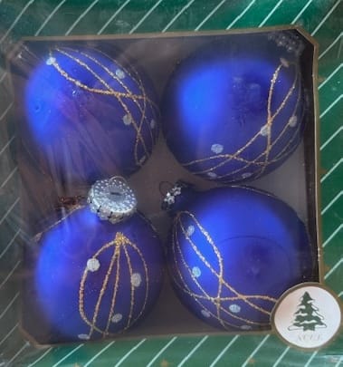 Karácsonyfadísz kék matt 4 db-os, 8 cm-es pötty, csíkos és spirál mintás