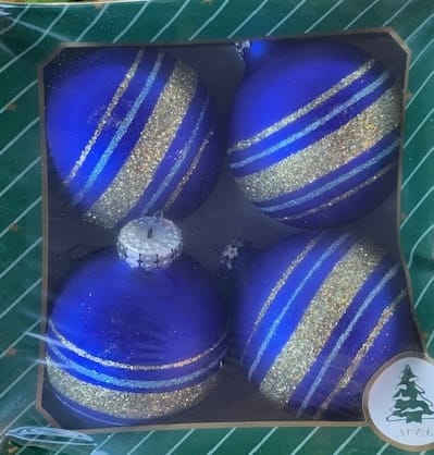 Karácsonyfadísz kék matt körbe csikos mintával