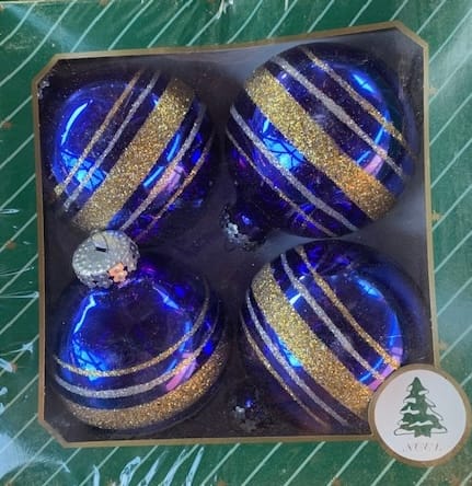 Karácsonyfadísz kék fényes 4 db-os, 8 cm-es körbe csíkos mintás