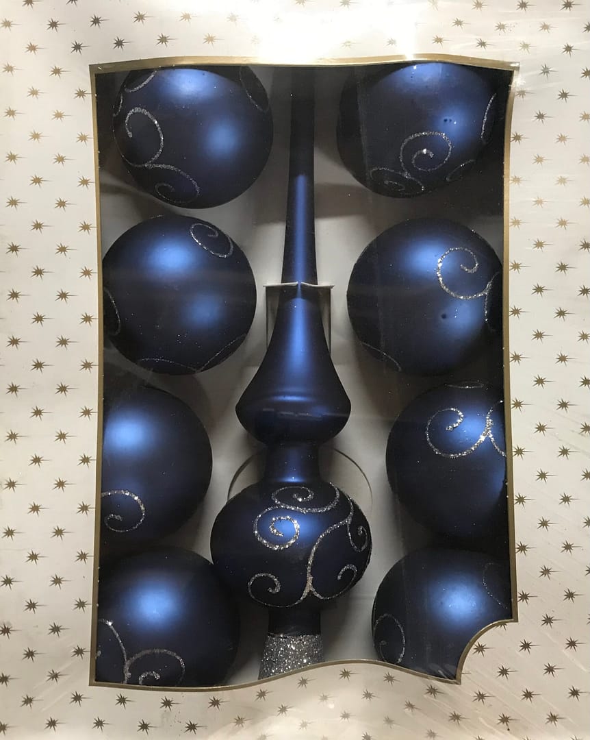 Karácsonyfadísz kék matt 9 db-os szett ezüst inda mintás